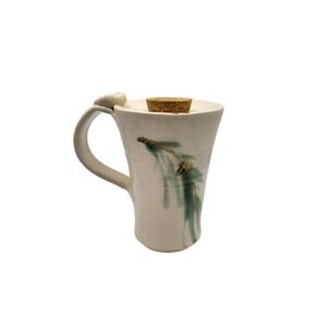 Artist Signed Stoneware Travel Pottery Mug Handpainted Ceramic Cork & Thumb Rest